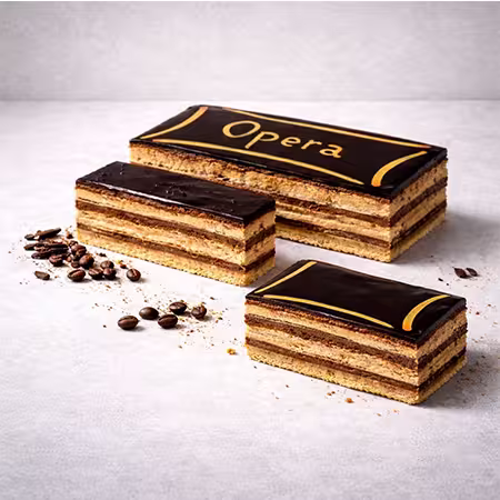 Bolo Opéra retangular com uma cobertura de chocolate preto brilhante, decorado com uma faixa diagonal dourada e um rótulo redondo, colocado elegantemente com alguns grãos de café ao redor.