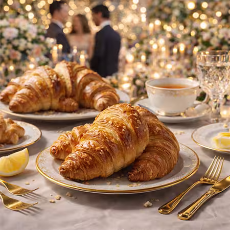 Grande plano de o melhor croissant, um croissant francês recheado com creme de leite amarelo e coberto com fatias de amêndoa torrada, num prato branco.Grande plano de o melhor croissant, um croissant francês recheado com creme de leite amarelo e coberto com fatias de amêndoa torrada, num prato branco.