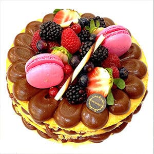 Um bolo redondo em camadas dos bolos da Pâtisserie Dacquoise, coberto com creme de chocolate, bagas variadas, morangos cortados ao meio, macarons cor-de-rosa e pedaços decorativos de chocolate branco - uma verdadeira peça central para qualquer galeria.
