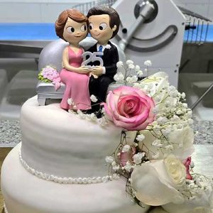 Um bolo branco dacquoise de dois andares decorado com rosas cor-de-rosa e brancas, encimado por uma estatueta de um casal segurando um sinal de 25, perfeito para celebrar um 25º aniversário com a elegância da Pastelaria Francesa.