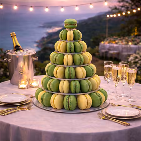 Macarons artesanais coloridos da Dacquoise em cenário de natureza em Lisboa.