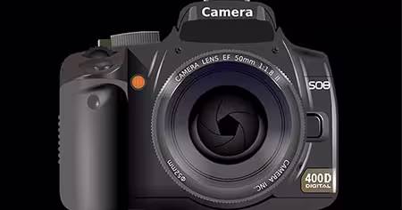 Galeria. Ilustração de uma máquina fotográfica digital preta com uma objetiva grande com a inscrição CAMERA LENS EF 50mm 1:1.8 II, como se estivesse pronta a captar a galeria dos bolos da Pâtisserie Dacquoise. A palavra Camera aparece em cima e 400D DIGITAL está no canto inferior direito.