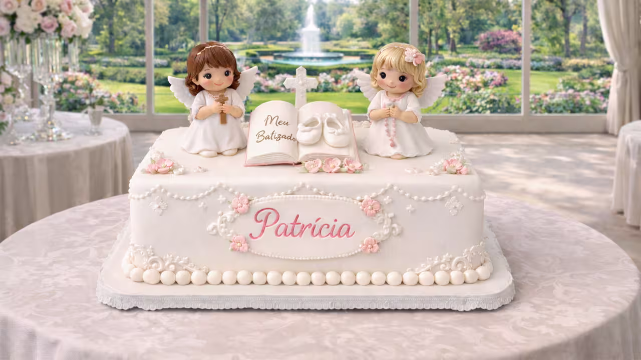 Bolos de Cerimónia. Bolo de Batizado para menina cor rosa e 2 anjos no topo. Atrás vê-se um lindo jardim e uma fonte