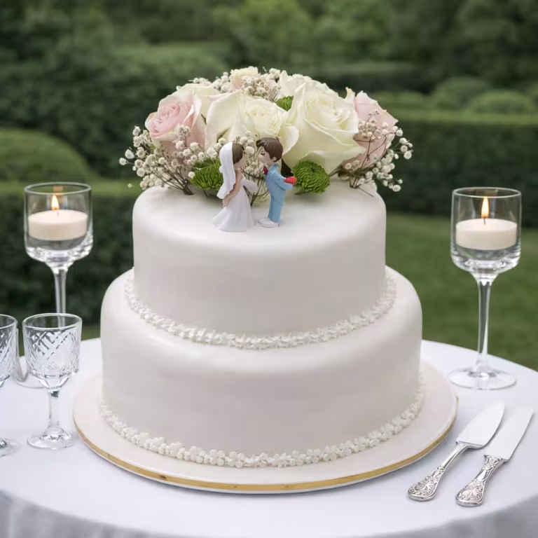 casamento de dois andares com topo de decoração floral.