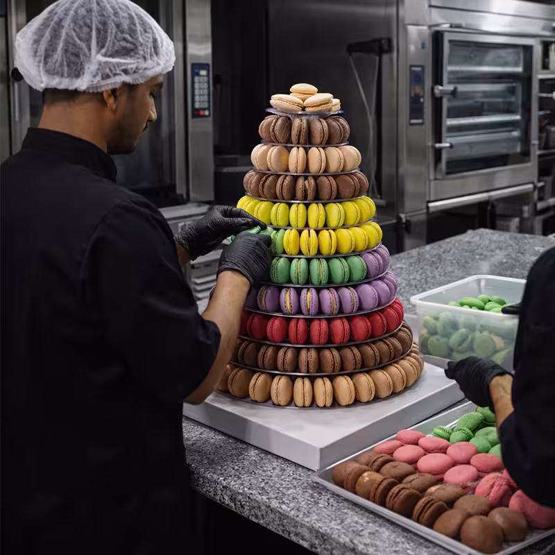 Un pâtissier assemble une tour de macarons artisanaux dans l'atelier Dacquoise.