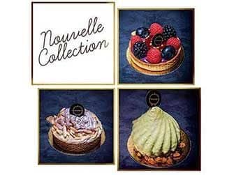 Uma seleção de pastelaria elegante e moderna das nossas Coleções Sazonais com acabamentos brilhantes e logótipos decorativos de chocolate, dispostos sobre um fundo escuro com flores brancas em primeiro plano.