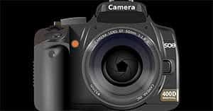 Ilustração de uma máquina fotográfica digital preta com uma objetiva grande com a inscrição CAMERA LENS EF 50mm 1:1.8 II, como se estivesse pronta a captar a galeria dos bolos da Pâtisserie Dacquoise. A palavra Camera aparece em cima e 400D DIGITAL está no canto inferior direito.